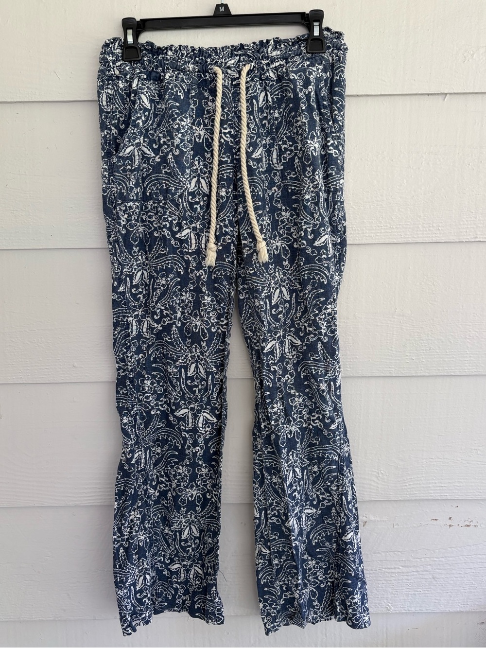Roxy Women’s Blue White Paisley Linen Blend Drawstring Beach Pants Small Boho